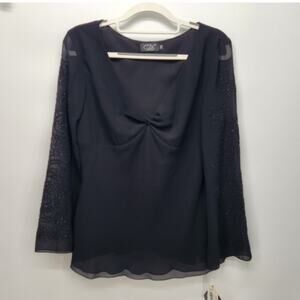 VTG. NWT CDC Petite Black Sheer Lined Beaded Long Sleeve Blouse Women's 10